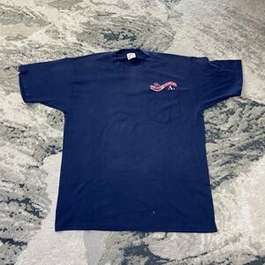 Vintage Jerzees Pocket T Shirt Sz L Navy Blue Logo Graphic Print Casual Workwear